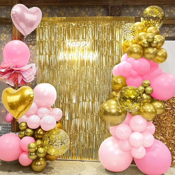 157PCS Pink and Gold Balloons Garland Arch Kit with Gold Fringe Curtain for Woman Girl Princess Engagement Bridal Shower Wedding Baby Shower Birthday Party Decorations