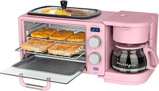 Nostalgia 3-in-1 Retro Breakfast Station - Includes 5 (4 Oz) Cup Coffee Maker, Non-Stick Ceramic Griddle, and 4-Slice Toaster Oven - Built-In Timer, Reusable Coffee Filter, Space-Saving Design - Pink
