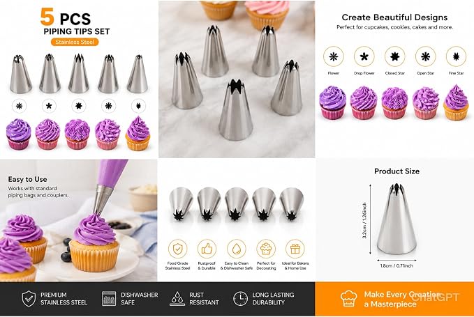 Piping Bags and Tips Set, Piping Tips, 20 Piping Tips + 4 Silicone Piping Bags + 4 Spatulas + 8 Socket Fixing Rings 36pcs Stainless Steel Suitable for Chefs and Kitchens (4-Pack)