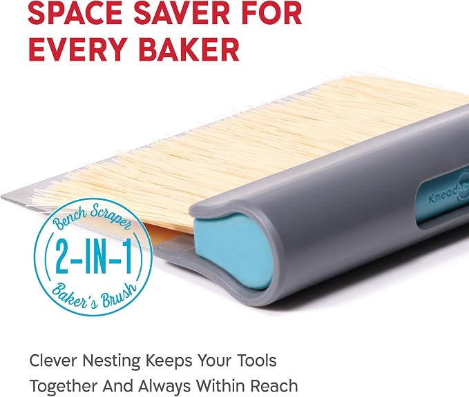 KneadAce Dough Scraper & Baker’s Brush.Stainless Steel Bench Scraper & Flour Cleaning Brush. Kitchen Tool for Pastry, Sourdough and Baking Prep Bread Dough Cutter, Gift For Bakers (Gray/Turquoise)
