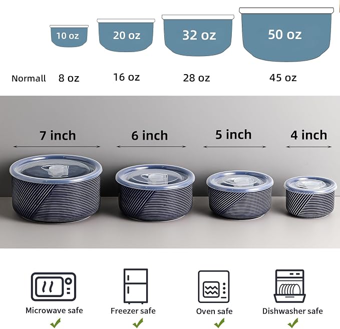Ceramic Nesting Bowls with Lids: Mixing Bowls with Lids - Porcelain Food Storage Containers For Prep and Serving, Microwavable Kitchen Bowl Set of 4, 50/32/20/10 oz (Navy)