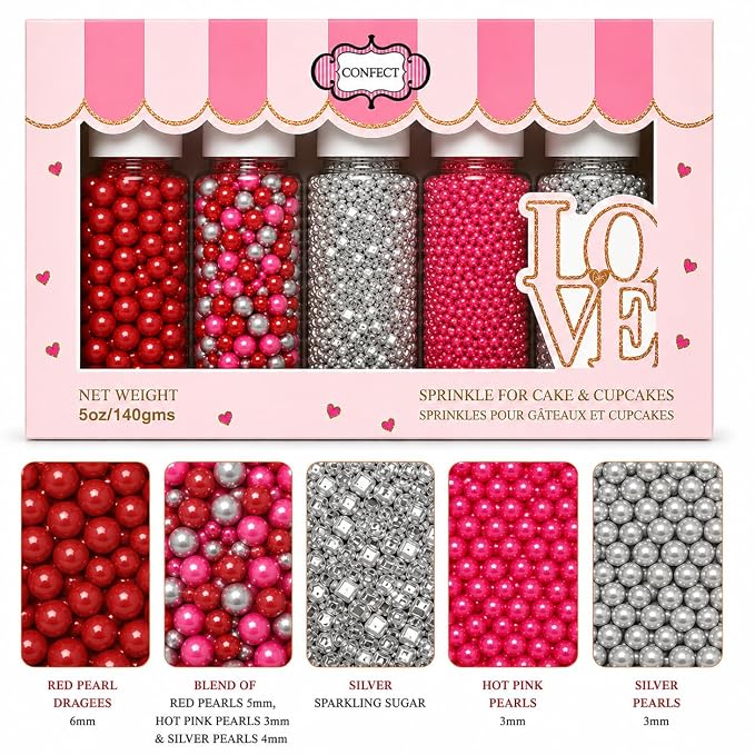 Confect Assorted Edible Sprinkles Pack of 5 – Red, Pink & Silver Dragees with Silver Sparkling Sugar | Costume Party Disco Ball Mix for Cake & Cupcake Decoration | Vegan, Gluten-Free, Nut-Free, Soy-Free, Dairy-Free, Palm Oil-Free - 5 Oz