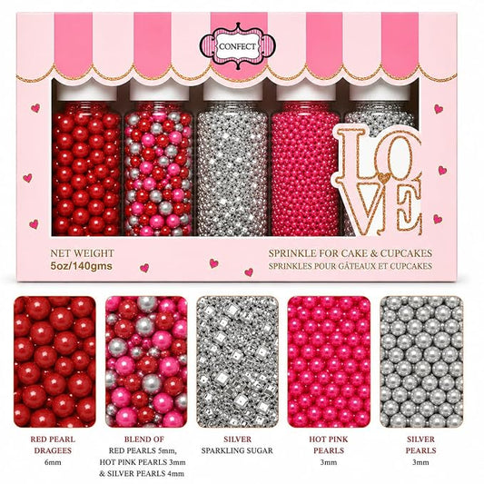 Confect Assorted Edible Sprinkles Pack of 5 – Red, Pink & Silver Dragees with Silver Sparkling Sugar | Costume Party Disco Ball Mix for Cake & Cupcake Decoration | Vegan, Gluten-Free, Nut-Free, Soy-Free, Dairy-Free, Palm Oil-Free - 5 Oz