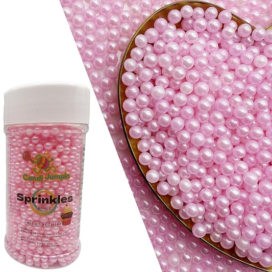 CandiJumpin 4mm Pink Sugar Pearls, Small Edible Pearls Pink Pearl Sprinkles for Cake Decorating Edible Cake Decorations Pearl Sugar Sprinkles Cupcake Toppers Baby Shower Party Birthday Wedding Christmas Supplies 3 OZ