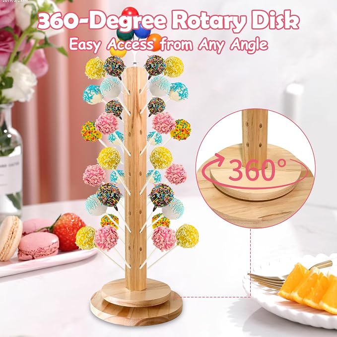 Wood Cake Pop Stand 36 Holes with Spinning Base,Cake Pop Holder Stand for Dessert Table,Lollipop Holder Candy Table Display, Dessert Stand for Wedding Birthday Baby Shower Parties Anniversaries (1 Pack)