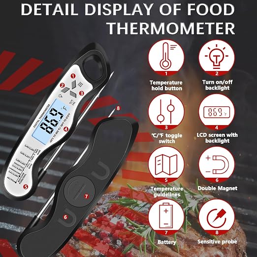 Meat Thermometer Digital，IP67 Waterproof Cooking Thermometer with Backlight, Calibration & Hold Function，Food Thermometer for Cooking,Outdoor Grilling，Suitable as Stocking Stuffers for Men (White-2)
