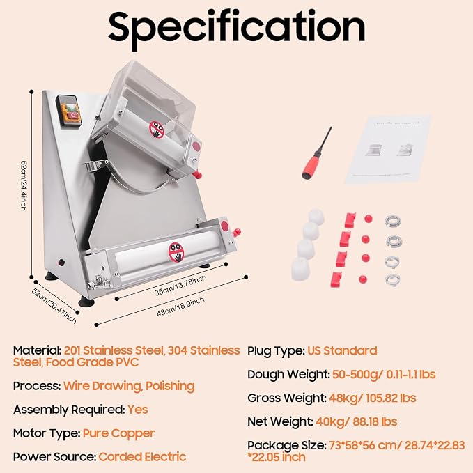 Bepritm Pizza Dough Roller Sheeter, 370W Automatic Commercial Dough Roller Sheeter with Dual Roller, 3-15"Electric Stainless Steel Pizza Press Dough Machine, Adjustable Thickness (4-12in Pizza Size)