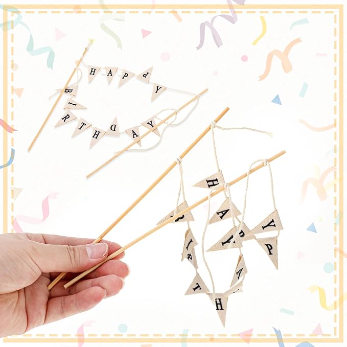 Happy Birthday Cake Toppers Bunting Happy Birthday Cake Banner Garland | Happy Birthday Sign For Cake Decoration Happy Birthday Topper For Bouquet With Wood Pole Beige