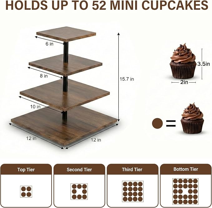 Wooden 2 Pack 4 Tier Cupcake Stand for 50 Cupcakes,Cupcake Holder,Cupcake Tower,Tiered Tray Stand for Birthday Bar Décor Weddings,Parties Events, Dark Brown