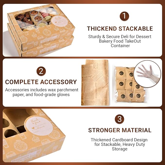 Brown Pastry Box with Cover Oil-Proof,12 Sets Food Containers w/Dividers of Strong Cardboard, Catering Box w/Lids As Appetizer To Go Container for Picnic Party 4-7 people [12"x10"x2.5"]