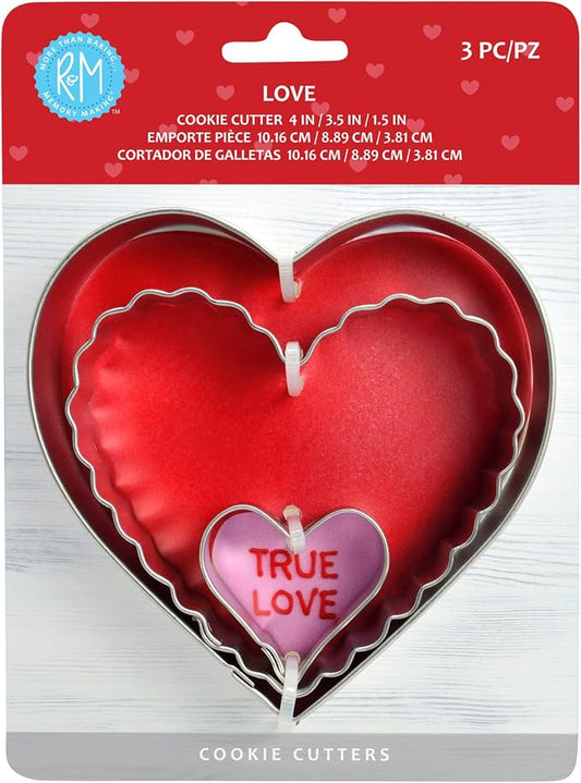R&M International 3-Piece Love and Hearts Cookie Cutter Set. Includes Heart, Fluted Heart and Mini Heart Cookie Cutter