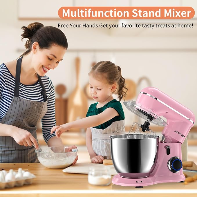 SAMSAIMO 3-IN-1 Electric Stand Mixer, 10-Speed With Pulse Button, Attachments include 6.5QT Bowl, Dough Hook, Beater, Whisk for Most Home Cooks, Sakura Pink