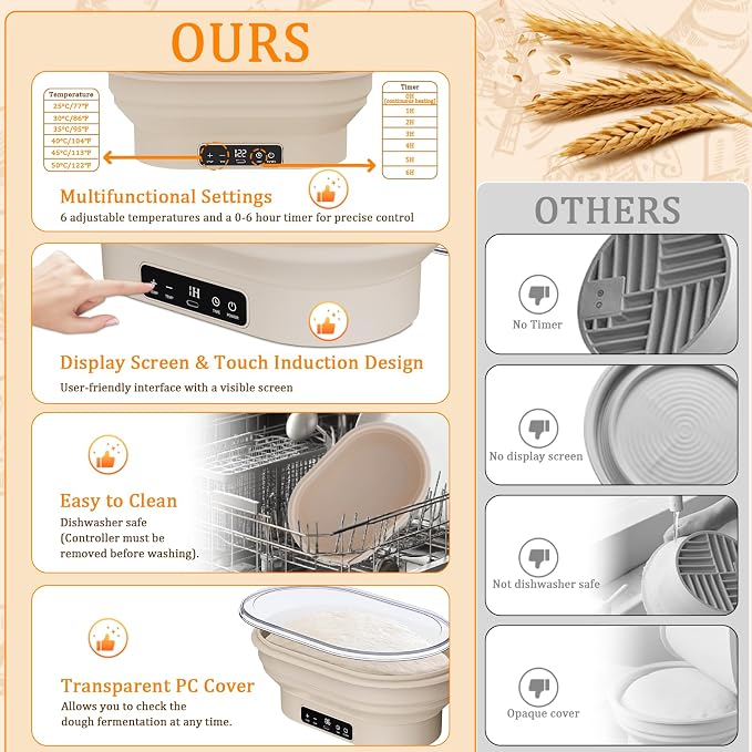 PChero Heating Sourdough Bread Proofing Basket with 6 Temp & Timer, 11" Oval Sourdough Starter Kit, Foldable Silicone Bread Bowl, Bread Baking Supplies