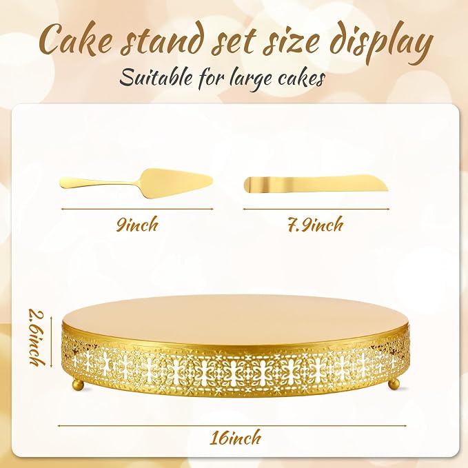 Wenqik 16 Inch Gold Cake Stand Set Metal Round Cupcake Dessert Wedding Cake Stand with Cutting & Spatula Cookies Display Holder Fruit Serving Tray for Table Wedding Birthday Anniversary Party