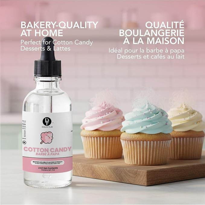 Dolce Flav Natural Cotton Candy Extract – 2 Ounce Water-Soluble Kosher, Sugar-Free, Concentrated Carnival-Style Flavoring for Baking, Frostings & Drinks, Includes Measured Dropper