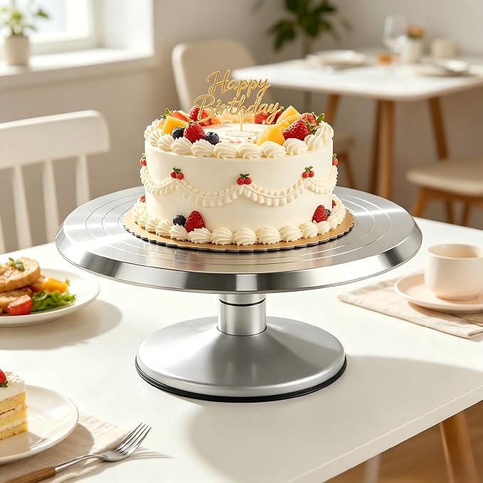 12-Inch Aluminum Alloy Cake Turntable, Rotating Cake Decorating Stand with Non-Slip Detachable Base & Concentric Marking Circles, Smooth 360° Rotation for Baking, Model Coloring, Display (Silver)