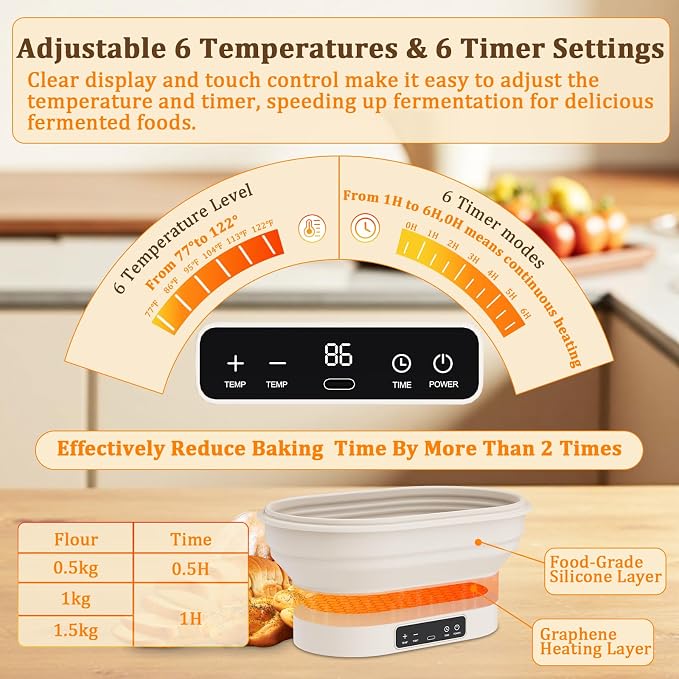 PChero Heating Sourdough Bread Proofing Basket with 6 Temp & Timer, 11" Oval Sourdough Starter Kit, Foldable Silicone Bread Bowl, Bread Baking Supplies