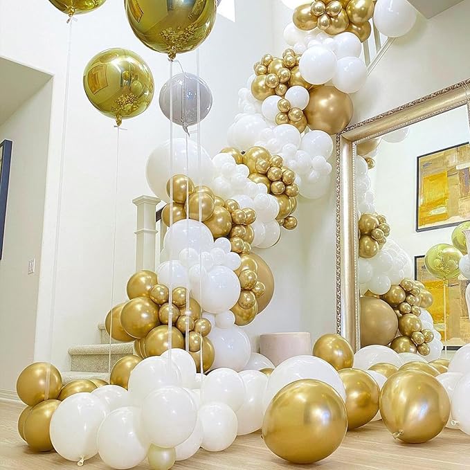 PartyWoo White and Gold Balloons, 140 pcs White and Metallic Gold Balloons Different Sizes Pack of 18 Inch 12 Inch 10 Inch 5 Inch for Balloon Garland or Arch as Birthday Decorations, Party Decorations