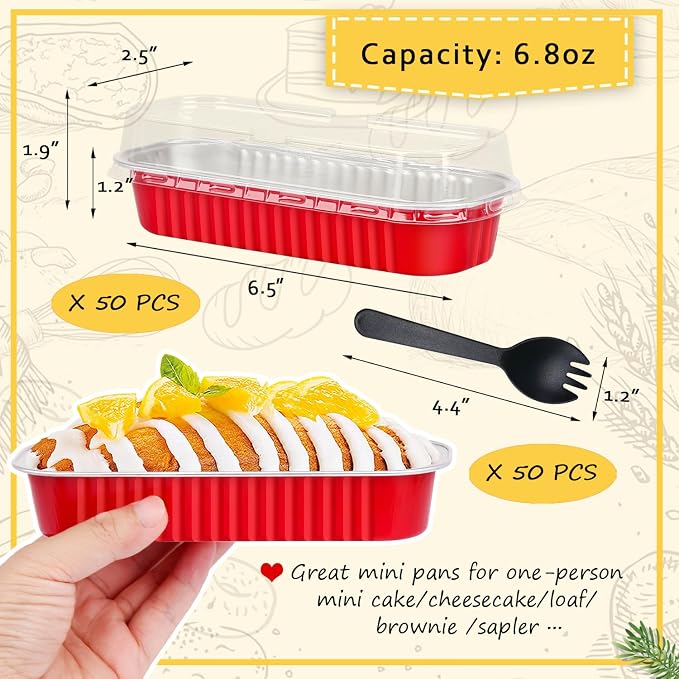 LNYZQUS Mini Baking Pans With Lids 50 Pack, 6.8oz Aluminum Foil Small Loaf Pans Tins Holders,Rectangle Baking Cups Muffin Tins,Disposable Ramekins Muffin Cups For Mini Cake Bread -Red