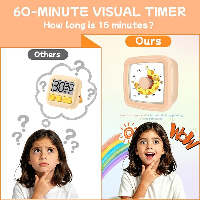 Visual Timer for Kids 60 Minute – Silent Countdown Clock Timers with Sunflower & Bee Design, Desk Timers for Classroom Must Haves Focus Aid, Toddler Timer for Home Kitchen Homework, Orange