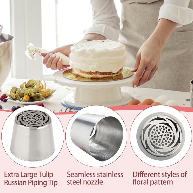 20-Piece Extra Large Flower Nozzle Set, Stainless Steel Rose Cotton Candy Flower Nozzle, Includes 6 Extra-Large, 2 Leaf Nozzles, 1 Brush, 10 Piping Bags, 1 Piping Bag Filling Aid Baking Tool