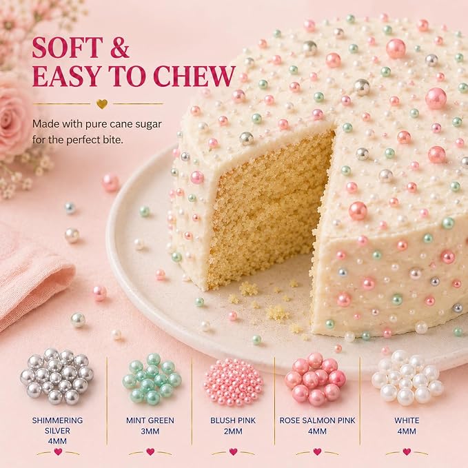 Confect Pearl Sprinkles | Mermaid Party Ball Sprinkles for Cakes & Cupcakes Decoration | Assorted pack of 5 Mix Sliver, Teal, Baby Pink, Bright Red & White Dragees -Vegan, Gluten-Free, Nut-Free, Soy-Free, Dairy-Free, Palm Oil-Free, No Artificial Dyes -...