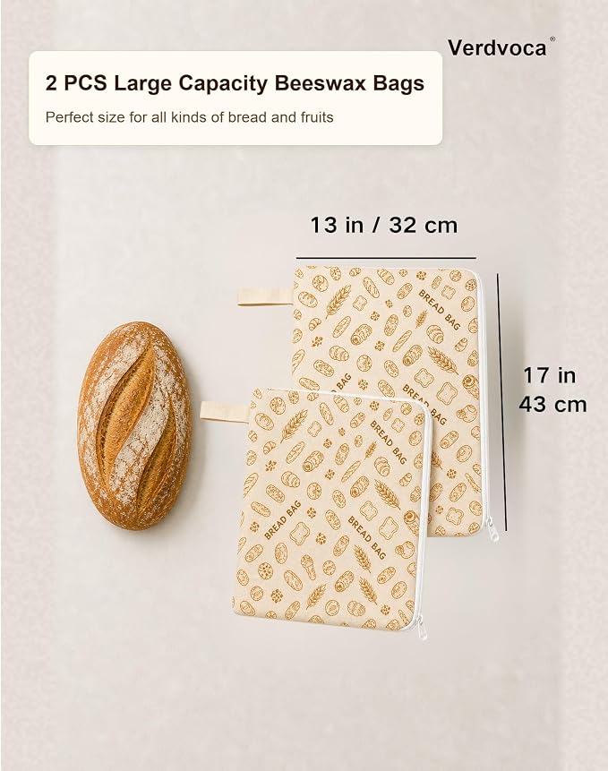 Beeswax Bread Bags for Sourdough, 2 Pack XL Reusable Organic Cotton Bread Storage Bags with Zipper, Natural Bees Wax Bread Bag for Homemade Bread, Freezer Friendly Food Storage, Keep Fresh