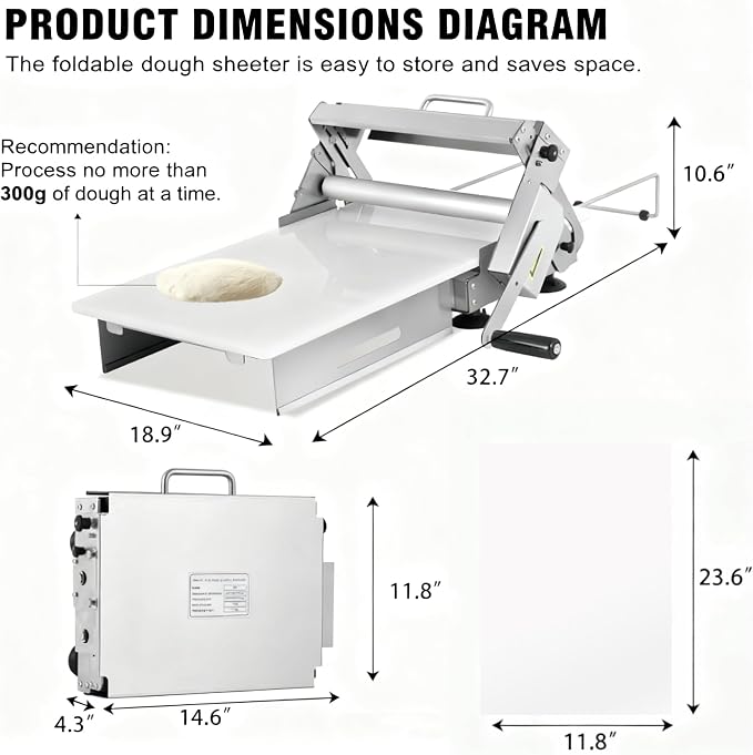 304 Stainless Steel Folding Dough fondant Sheeter with 23.62" x 11.81" Sheeter Board fondant non-stick roller Manual Dough Roller with 1-20mm Adjustable Thickness