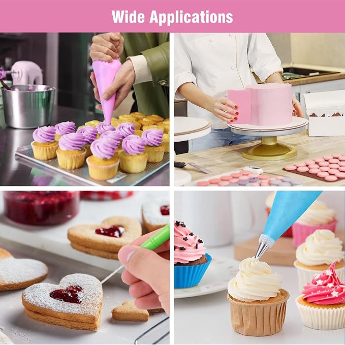 firstake Piping Bags Disposable 14 Inch - 100pcs Piping Bags Set, Anti-Burst Pastry Bags, Frosting Bags, Cake Decorating Bags with 5 Icing Bags Ties, 5 Clips, 3 Cake Scraper, 1 Scriber Needle