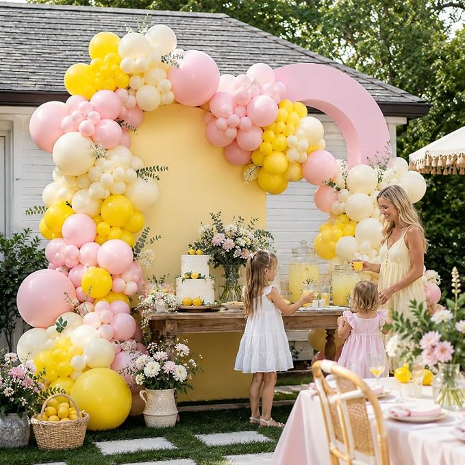 Pink and Yellow Balloon Arch Kit, 122Pcs Pastel Pink Yellow Balloons for Girls Lemon Party Decorations Summer Birthday Pool Theme Bridal Shower Baby Shower Engagement Party Decorations