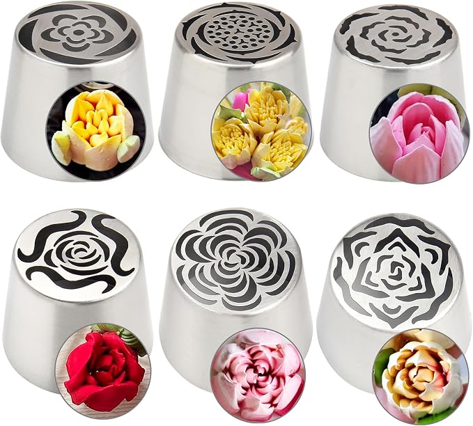 6Pack Extra Large Flower Russian Piping Tips Set, Stainless Steel Rose Tulip Icing Tips For Cake Decorating, Floral Piping Tips Flower Bouquet For Cookies Desserts Baking Tool(XXL,6F)