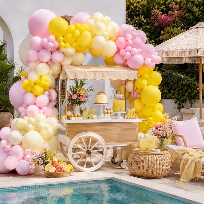 Pink and Yellow Balloon Arch Kit, 122Pcs Pastel Pink Yellow Balloons for Girls Lemon Party Decorations Summer Birthday Pool Theme Bridal Shower Baby Shower Engagement Party Decorations