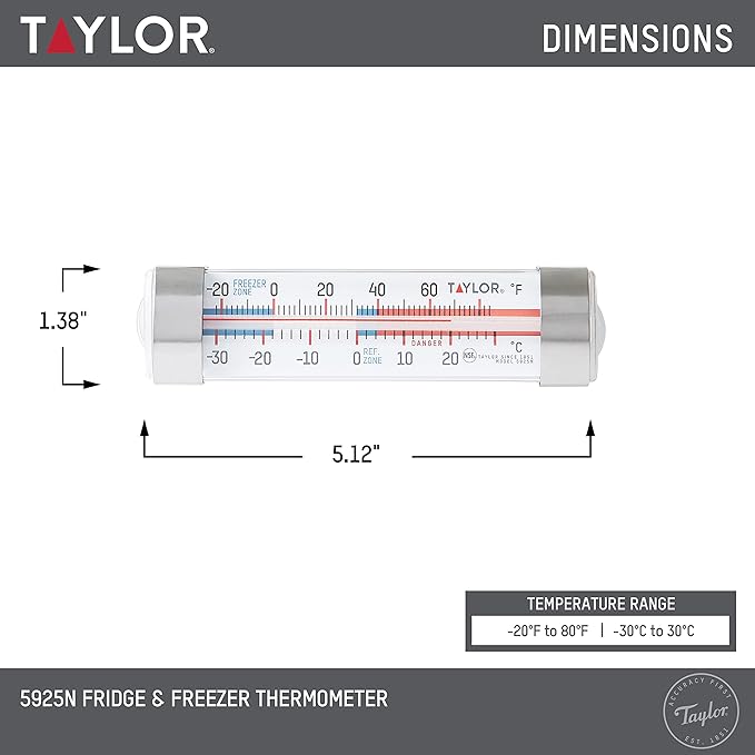 Taylor Large Dial Kitchen Refrigerator/Freezer Kitchen Thermometer with Suction Cups, Refrigerator/Fridge Thermometer - 2 Pack