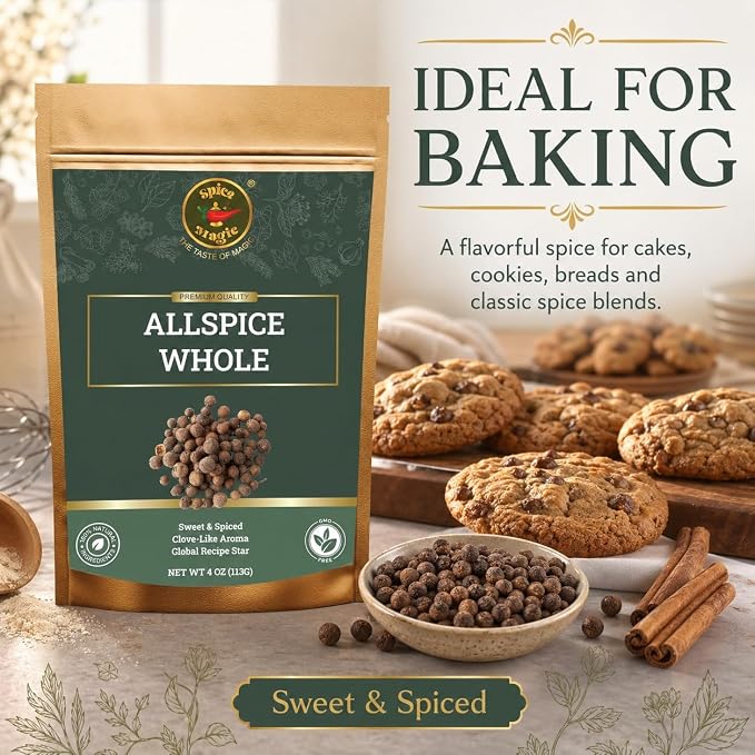 Spice Magic Allspice Whole, 4 oz (113g) - Premium Whole Jamaican Pimento Berries for Savory and Sweet Dishes I 100% Natural, Non-GMO & Freshly packed, ideal for both savory and sweet dishes.