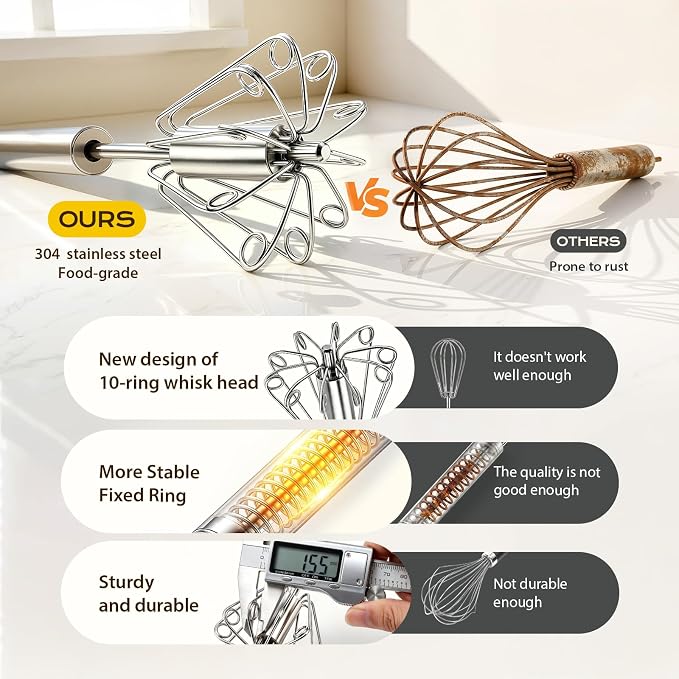 Upgraded Stainless Steel Semi-Automatic Whisk, Easy Push Hand Whisks for Eggs, Cream, Coffee & Light Mixing, Easy Clean Kitchen Whisk for Everyday Cooking (10+12in)