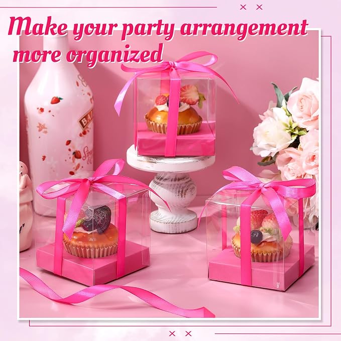 Thenshop 50 Pcs Clear Cupcake Boxes Individual 3.5 Inch Plastic Single Cupcake Containers Boxes with Inserts and Ribbon Individual Cake Storage Holders for Cake Kitchen (Hot Pink)