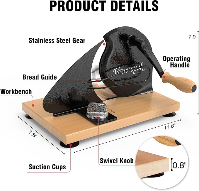 vanerepok Manual Bread Slicer Adjustable Thickness for Homemade Sourdough | Hand Crank Bread Cutter with Scale & Stable Suction Cups & Wood Base for Even Slicing Perfect Baking Gift for Home Bakers