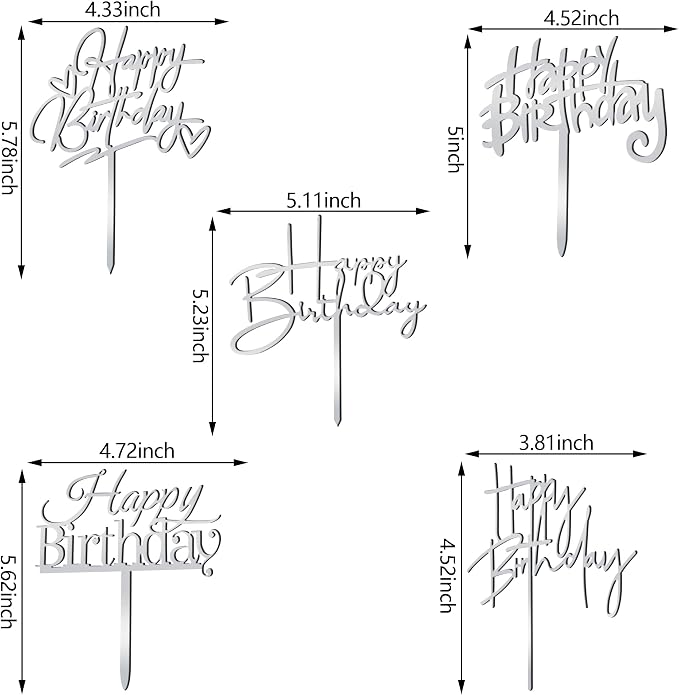 10 PCS Silver Happy Birthday Cake Topper Acrylic Cupcake Topper Birthday Supplies Decorations