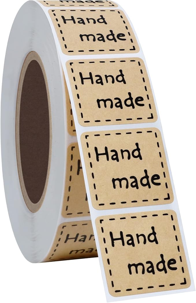 Hybsk Kraft Handmade Stickers with Black Font 1 Inch Square Total 1,000 Adhesive Labels Per Roll