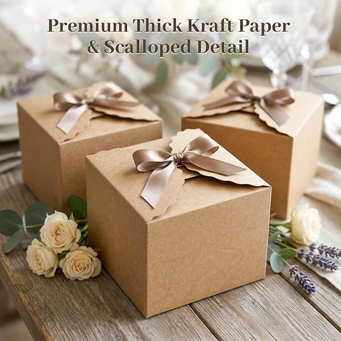 VGOODALL 10PCS Gift Boxes, 4.7" x 4.7" x 3.5" Brown Candy Boxes with Ribbon Mini Kraft Paper Party Favors for Candy Cookie Chocolate Gifts,Party Supplies