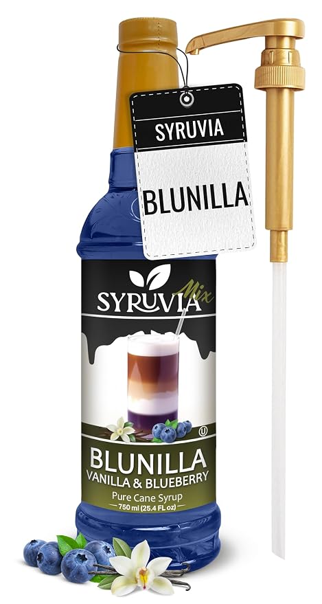 Syruvia Coffee Syrup, BLUNILLA Syrup, Vanilla Blueberry Flavored Syrup for Drinks, Lattes, and Desserts – 25.4 fl oz - with Pump
