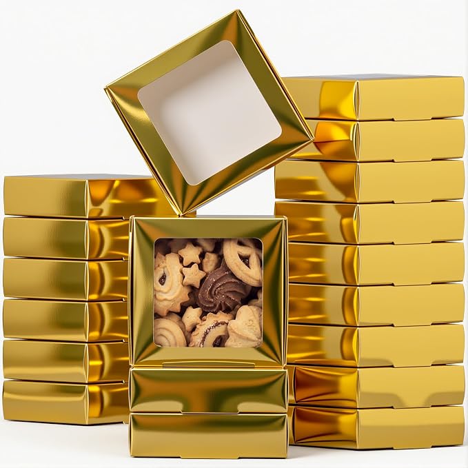 Zonon 60 Pcs Kraft Paper Boxes with Window 4.13 x 4.13 x 1.18 Inch Candy Packaging, Small Gift Boxes, Soap holder, Mini Treat Packaging for Bakery Chocolate Jewelry Display (Gold)