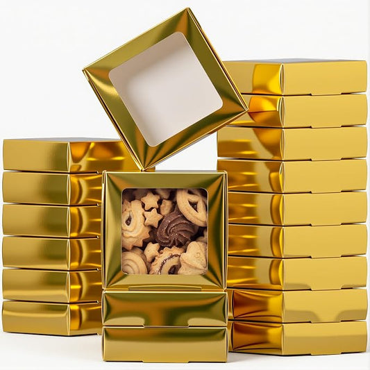 Zonon 60 Pcs Kraft Paper Boxes with Window 4.13 x 4.13 x 1.18 Inch Candy Packaging, Small Gift Boxes, Soap holder, Mini Treat Packaging for Bakery Chocolate Jewelry Display (Gold)