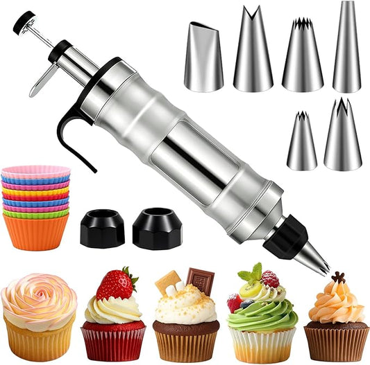 FANTEXY Dessert Decorating Syringe Set, Stainless Steel Icing Piping Kit | Cake Decorating Tools, 6 Piping Icing Nozzles, Cupcake Decorating Kit