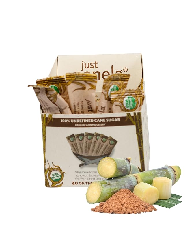Just Panela Organic Unrefined Cane Sugar Sachets, 40 Ct box | 100% Unprocessed, Raw Sugar | Great for Baking, Cooking & Sweetening | Healthier Alternative to Regular Refined Sugar