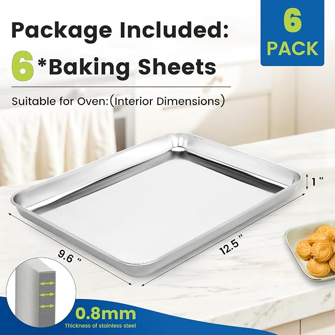 BIEAMA 6 Pack Stainless Steel Toaster Oven Baking Sheets, 12.5 x 9.6 in | Stainless steel pans with no chemical coating, mirror-polished finish and rolled edges; dishwasher safe, oven safe to 500°F.