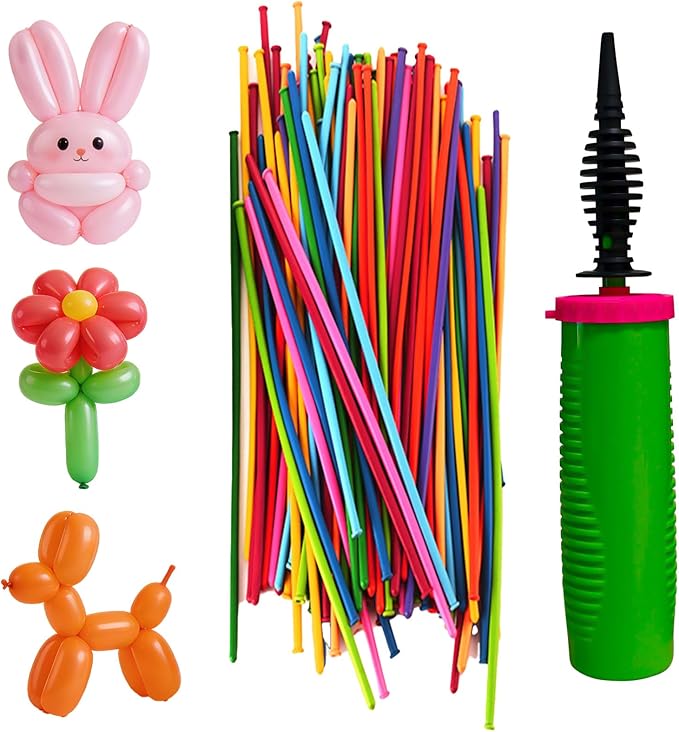 Balloon Pump Hand Held with 100pcs 260 Rainbow Balloons – Two Way Dual Action Inflator Air Pump for Balloons
