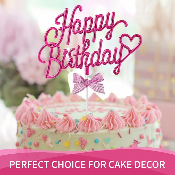 Hot Pink Happy Birthday Cake Topper Plastic - 3D Double Sided Happy Birthday Sign for Cake with Bow, Idea for Cake Decoration (HOT PINK)