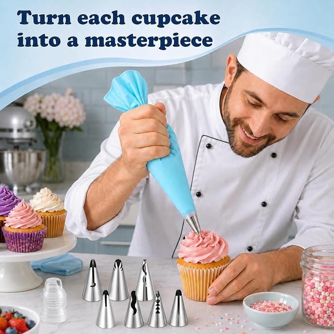 Piping Tip Set, Cake Decorating Tips, Ruffle Piping Tips, Seamless Stainless Steel, Pleated Skirt Piping-Nozzles Set for Cake Cupcakes Cookies, 9 Pieces