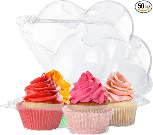 Plastic Cupcake Containers Boxes | 4 Compartment – 50 Pack | Disposable High Dome Cupcake Holder With Lid Bulk | Extra Sturdy And Stackable Cupcake Boxes | Durable Muffin Packaging Transporter To Go